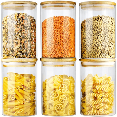 Inspire Picks Glass Storage Jar Set With Bamboo Lids For Coffee, Spices & Pantry Organization 560ml 6pcs