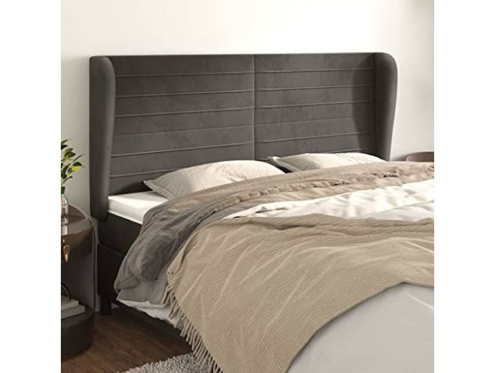 KTHLBRH Kopfteil mit Ohren, dunkelgrau, aus weichem Samt, 203 x 23 x 118/128 cm, mit stabilen Holzbeinen und verstellbarer Höhe für Rückenunterstützung, ideal zum Lesen des Fernsehers, klassisches