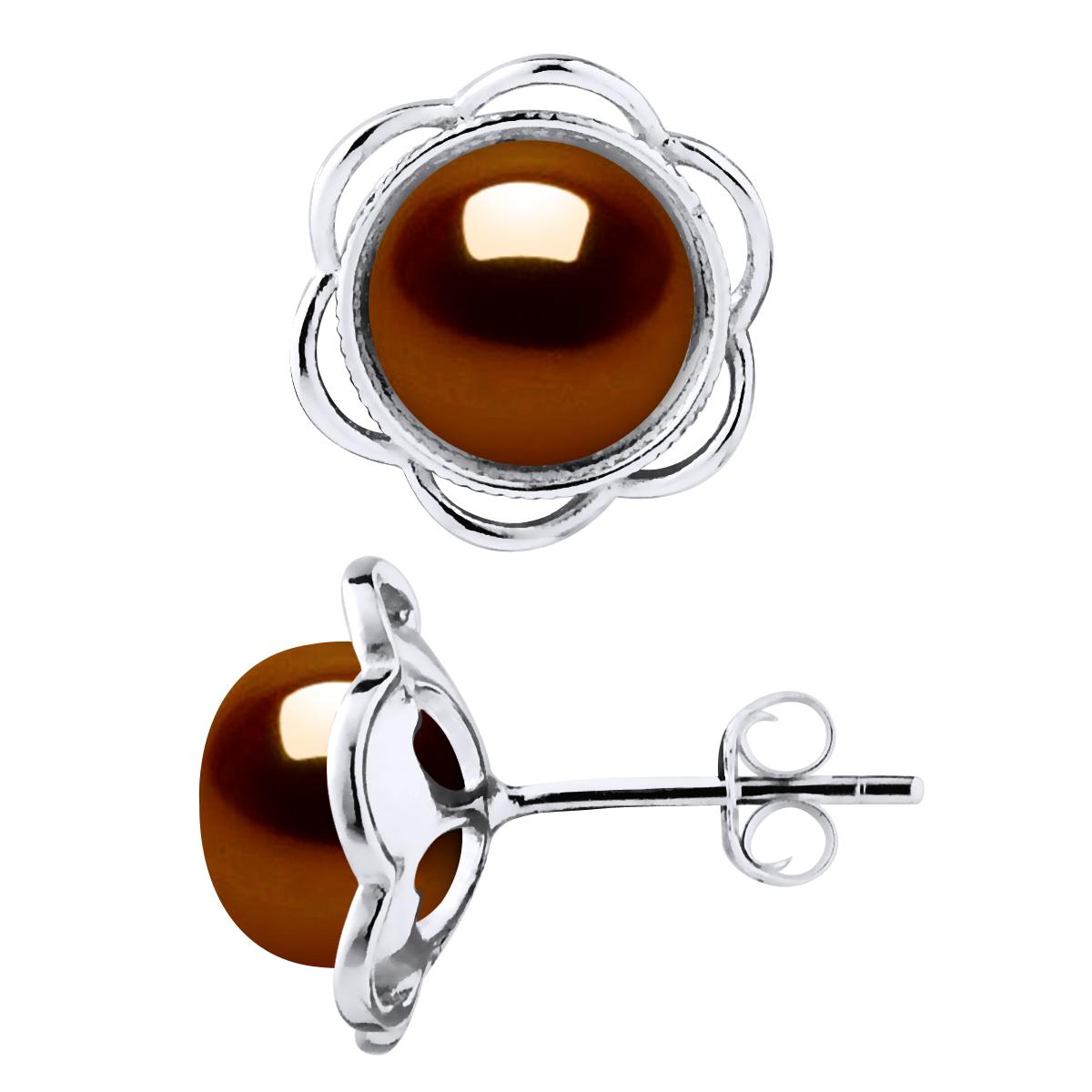 Ohrstecker FLOWER Perlen Süßwasser 8-9mm Chocolate Buttons 925