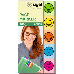Sigel Haftmarker Page Marker, HN502, Design Smiley, Papier, beschriftbar, 5 x 40 Streifen farbsortiert
