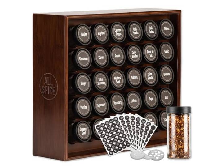 AllSpice Gewürzregal aus Holz, inkl. 30 Gläser 118 ml, Walnussholz