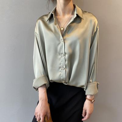 Multisell Products Hub Turn down Collar Ladies Blouse Autumn, Elegant Satin Loose Women Shirt Spring Vintage Casual Button Silk Tops green s