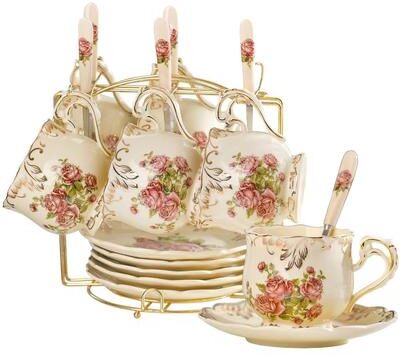 KitchenNation Tea Cups And Saucers Set Of 6, 8 Oz Vintage Floral Porcelain Tea Cups Set, Coffee Cups With Golden Rack pink Rose