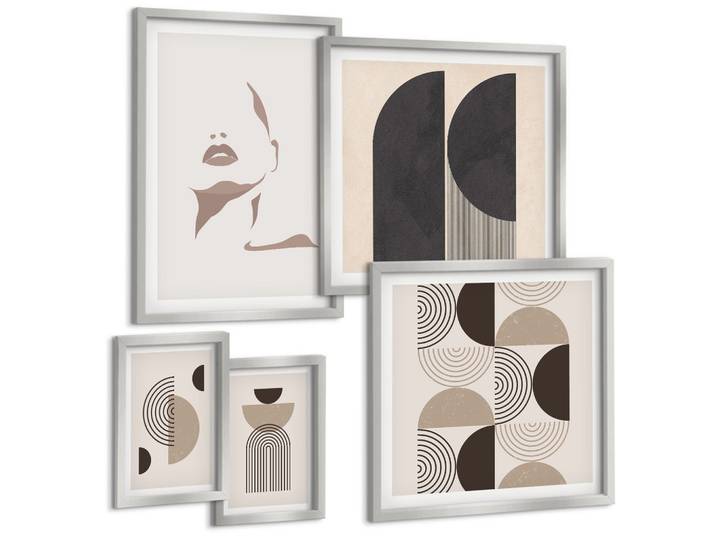 BILDER SET 5er Set - 50x50 cm & 20x30 cm & 40x60 cm Silberner Rahmen - Abstrakte Gesichtsformen
