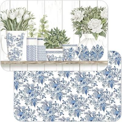 CounterArt Wipe-Clean Reversible Decofoam Placemats, Blue & White Pottery, Set of 4, Made in The USA