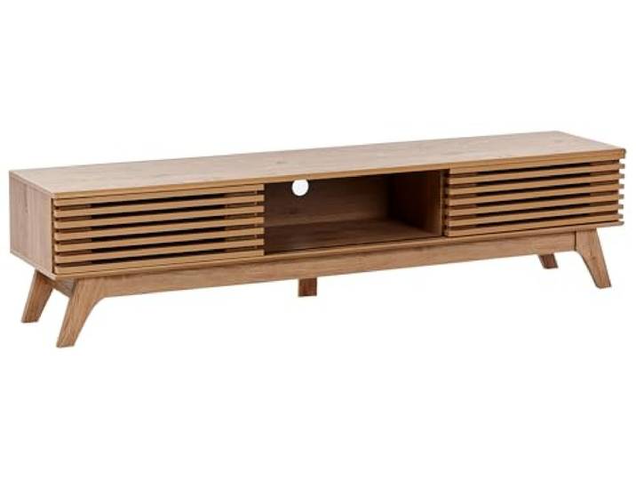 Beliani TV-Möbel Braun Faserplatte 2 Türen Fernsehtisch mit Schiebetüren Holzwerkstoff, 3 Einlegeböden, Retro, Matt, 180 x 40 x 44 cm