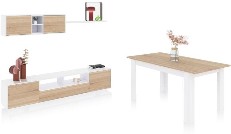duehome Pack salón con mesa de comedor Kenzo Plus VA - Blanco Artik (Blanco Mate) - Roble Canadian