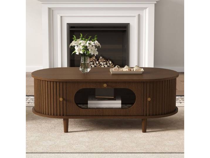 Table basse - HIBA - Table basse ovale - 100 x 50 x 36 cm - Placage noyer - Tiroir verre & portes coulissantes