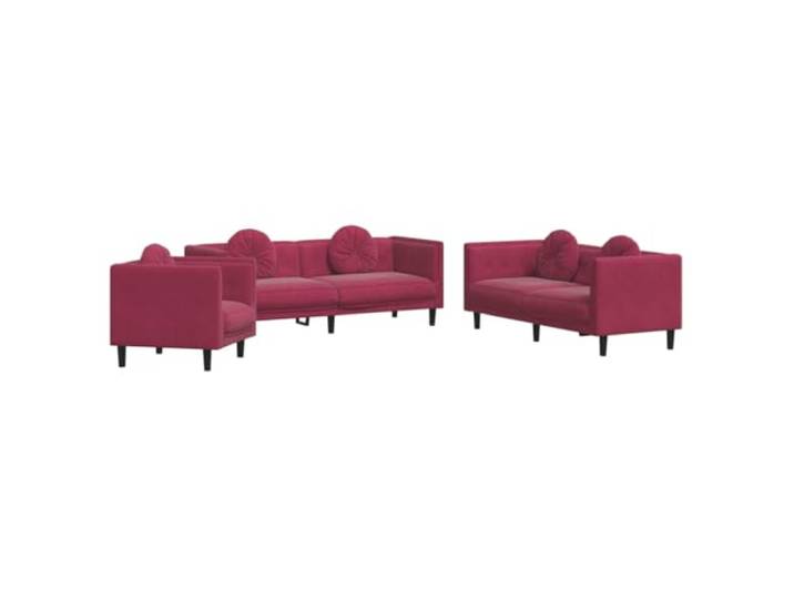 Coespram 3-tlg. Sofagarnitur mit Kissen Weinrot Samt Couchset Komfortable Polstermöbel für das Wohnzimmer mit dicker Schaumpolsterung, Massivholzgestell und fünf Zierkissen.