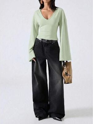 Universal Stock Women's Crop Top V Neck Long Sleeve Slim Fit Streetwear Blouse green xl