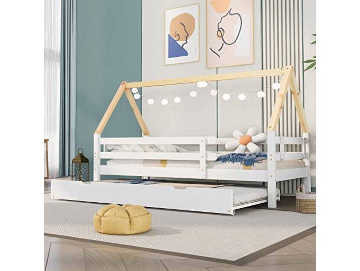 Merax Hausbett 200x90cm, Kinderbett Funktionsbett mit Rausfallschutz und Lattenrost, Tagesbett Ausziehbett mit Rollen unten, Holz Baumhausbett für Mädchen & Jungen, Weiß+Naturfarbener
