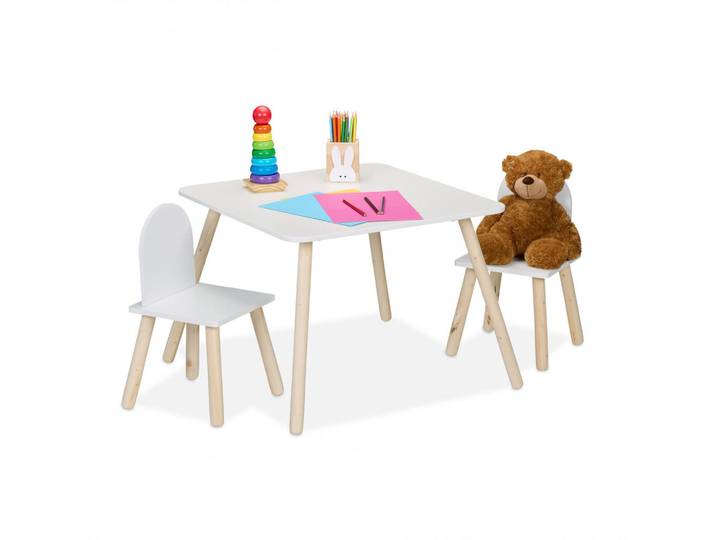 Relaxdays Kindersitzgruppe Weiß Natur 3-teiliges-Set, Mehrfarbig, Holz, Quadratisch, rund, 60x45x60 cm, Babymöbel & Kindermöbel, Kinderzimmer & Jugendzimmer, Kindersitzgruppe