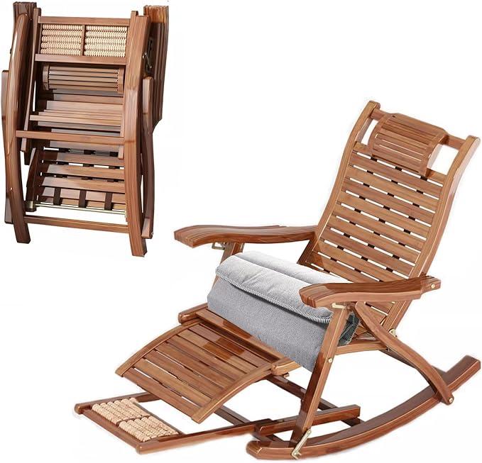 Klappbare Schaukelliege, 5-Fach Verstellbarer Liegestuhl, Outdoor-Sonnenliege mit verlängerter Fußstütze, Holz-Loungesessel für Garten Terrasse Balkon, mit Kissen