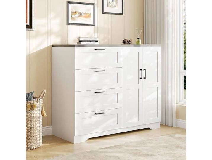 Armoire-penderie autoportante - LUNSY - 120x50x110 cm - Blanc - Penderie à double porte - Quatre tiroirs spacieux