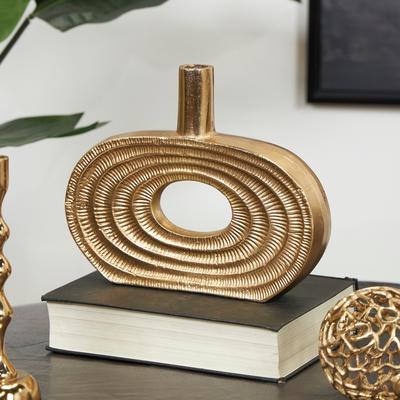 ARCILLA ELEMENTAL Gold Aluminum Metal Circular Geometric Vase with Linear Etchings
