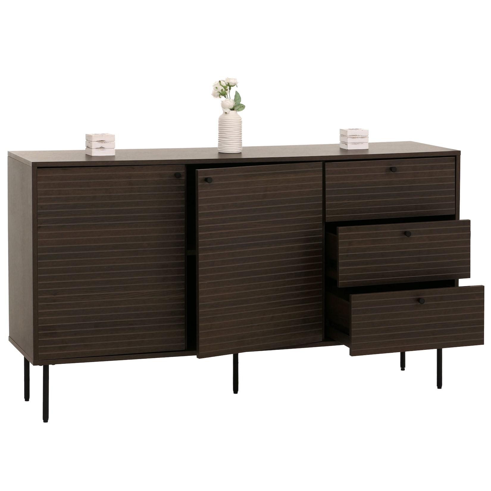 Kommode MCW-N78, Sideboard, 3 Schubladen 2 Türen, skandinavischer Stil Metall Holz Melamin MVG 85x150x40cm ~ dunkelbraun