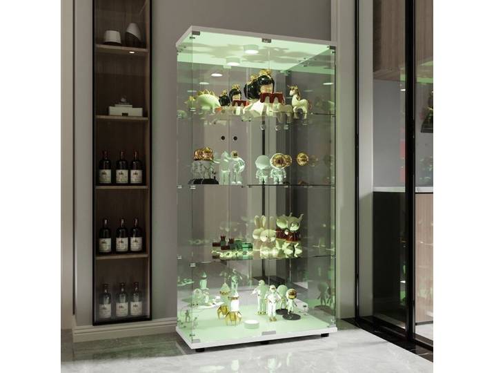 Vitrine en verre à 2 portes vitrine de salon avec led et 4 étagères bibliothèque sur pied pour salon chambre bureau blanc