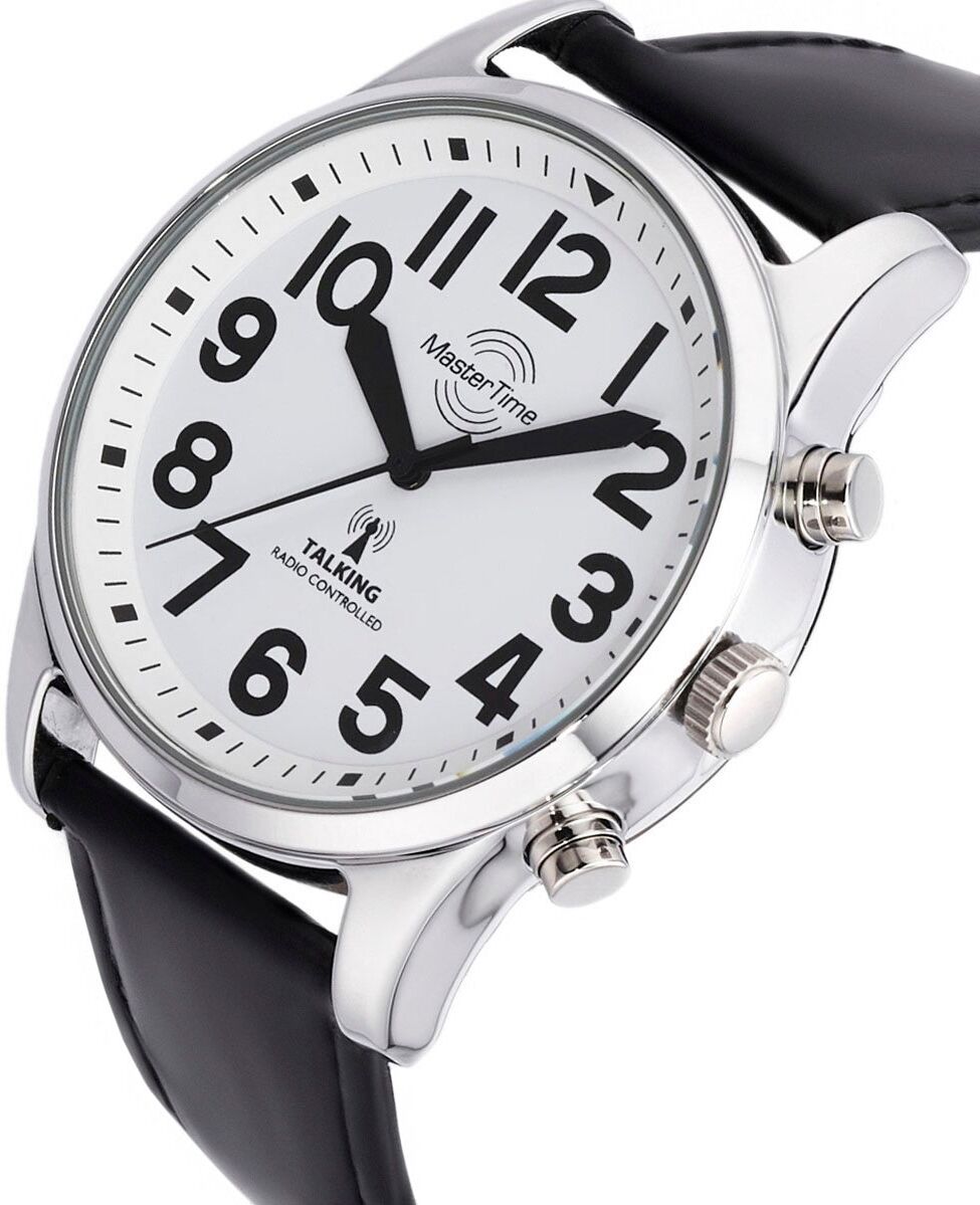 Funkuhr MASTER TIME "Sprechende Funkuhr", schwarz (schwarz, weiß, weiß), Armbanduhren, Herren, silberfarben, Funkuhr, Armbanduhr, Quarzuhr, Herrenuhr, Lederarmband