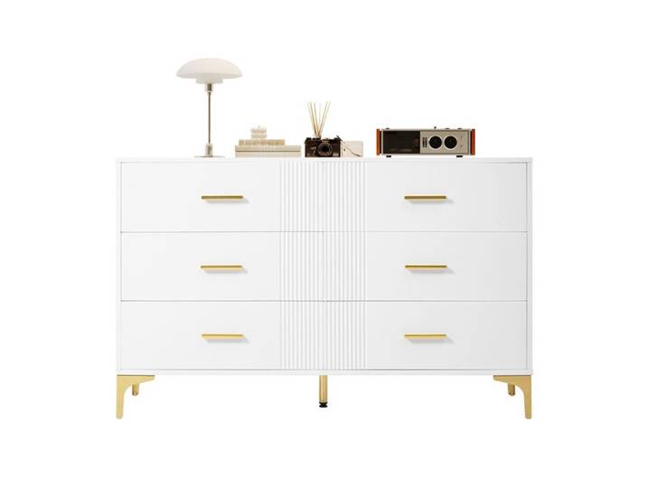 VLIVRA Commode avec 6 tiroirs et pieds surélevés - pour chambre - en MDF à façade rainurée - 120×40×76 cm - blanc