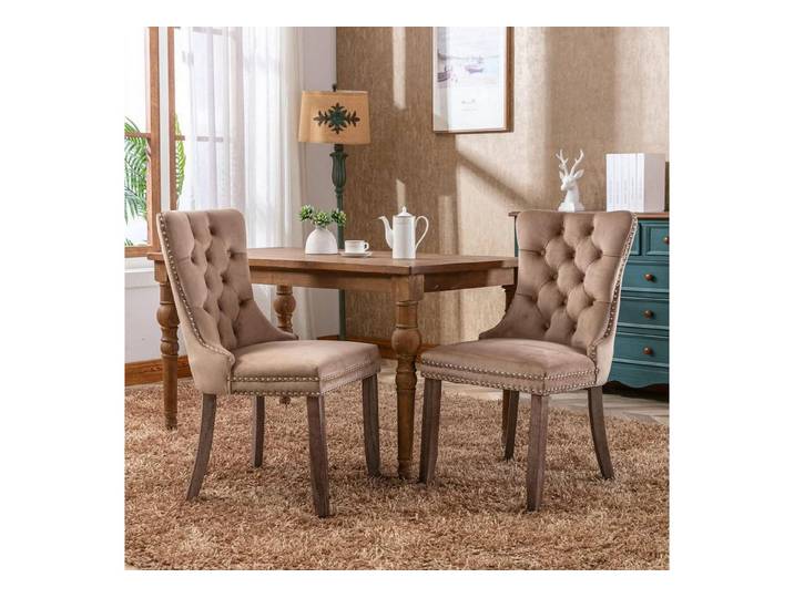 LuxusKollektion Esszimmerstuhl Esszimmerstühle 2er Set Samt Tufted Holzbeine Nieten 2er set Khaki