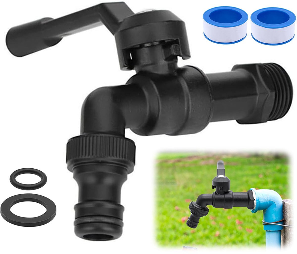 Buitenkraan 3/4 inch met dubbele afvoer en kogelkraan, vorstbestendig, zwart