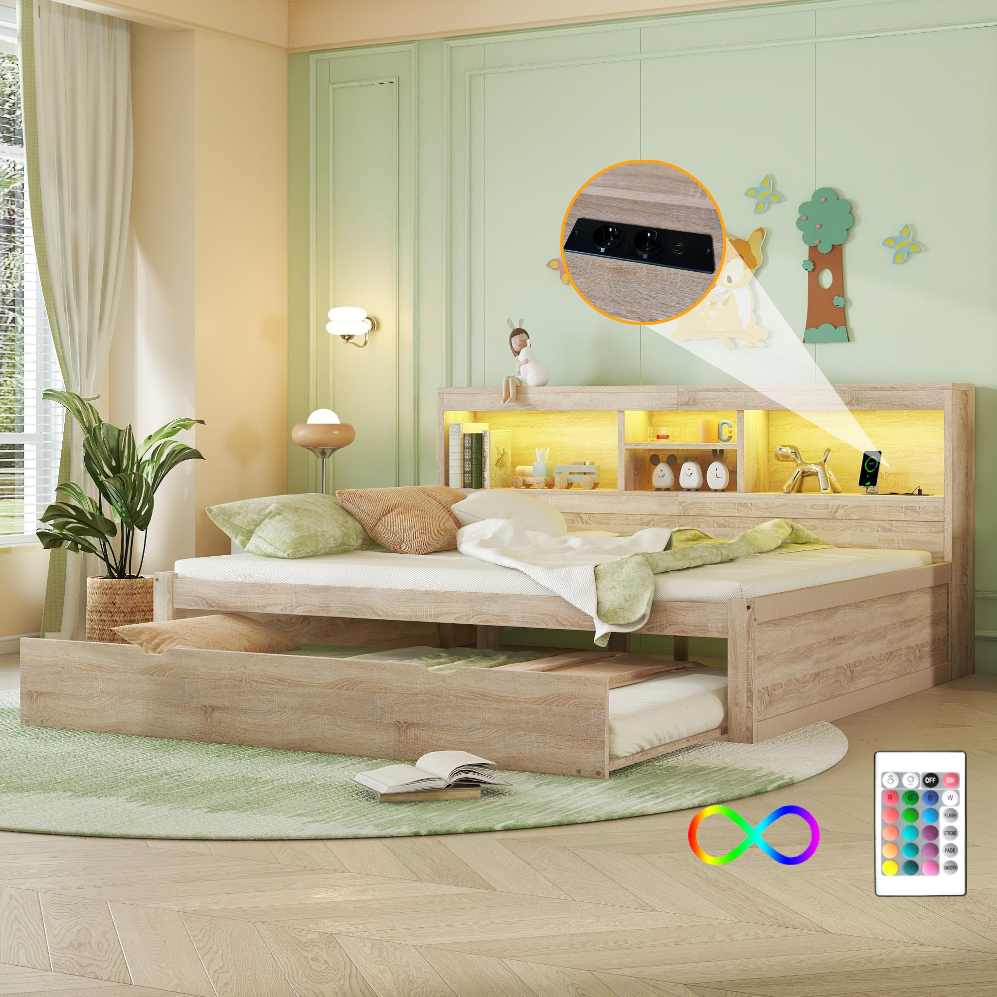 Sweiko Schlafsofa, Daybett, Tagesbett, 140x200cm , Mit LED-Leuchten, Bettseitiges Staufach, Ausziehbares Bett, Steckdose + USB, Ohne Matratze, Natur