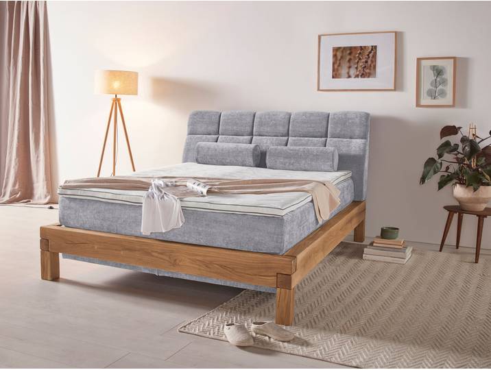Boxspringbett, Massivholz Balkeneiche, Grau (Argento), 160×200 cm, 7-Zonen-Taschenfederkern, Modern, Home Affaire