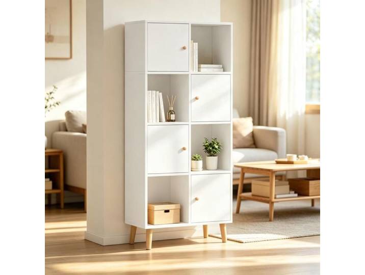 SUPFINE Bibliothèque Moderne avec Portes et Niches Ouvertes 4 Niveaux Meuble Cube Étagère de Rangement en Bois Blanc