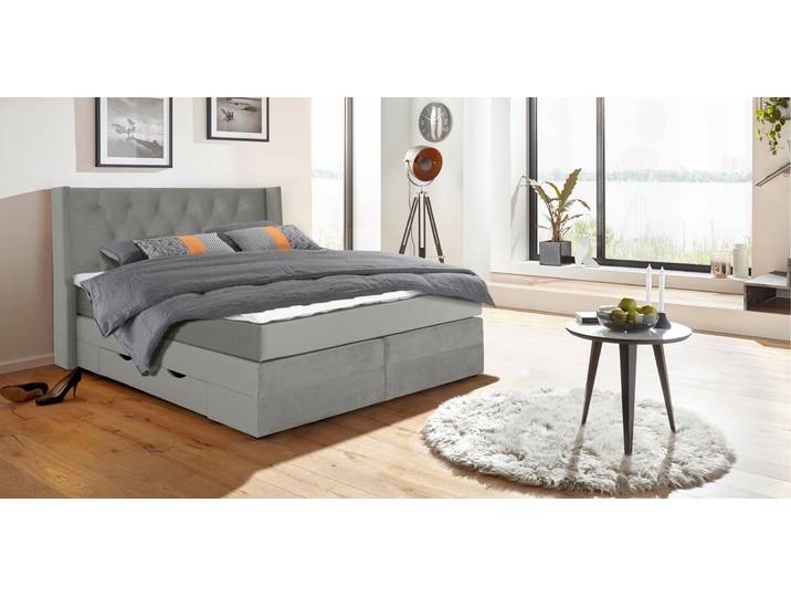 Boxspringbett HOME AFFAIRE Elegance , grau, B:161cm L:210cm, Samtoptik (100% Polyester);Struktur (100% Polyester), Komplettbetten, Boxspringbett, mit schöner Knopfheftung, in den Härtegraden H2 & H3, inkl. Schubladen