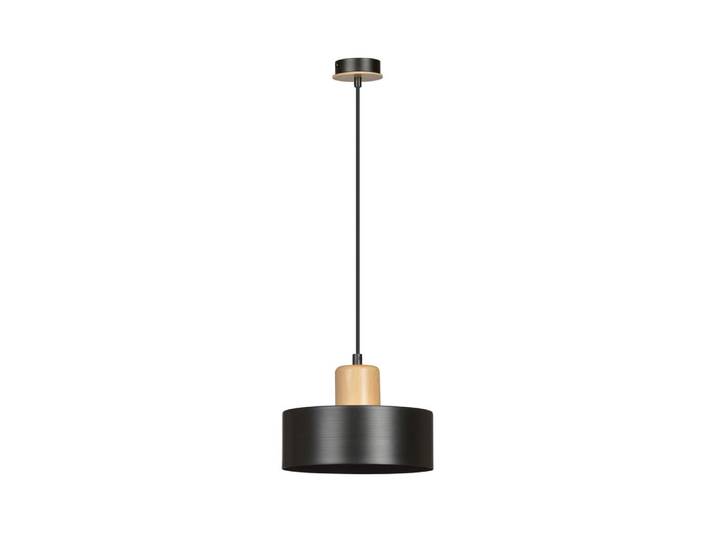 Suspension avec abat-jour cylindrique en acier noir et bois