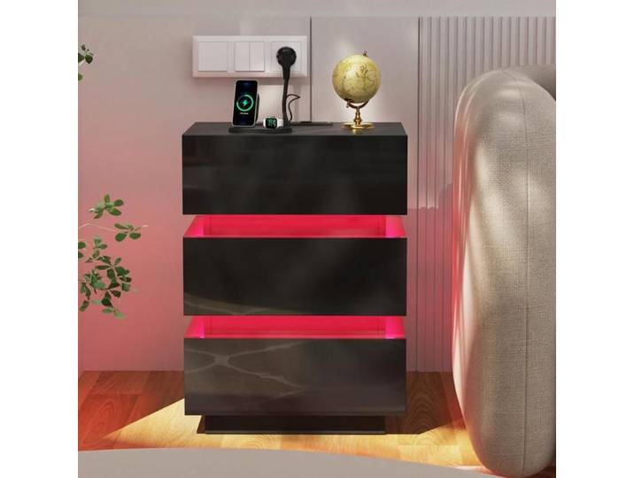 PIPIPOXER Table de chevet avec prise et LED lumières Table de chevet avec 3 tiroirs Minimaliste et fonctionnel 45x35x61cm Noir