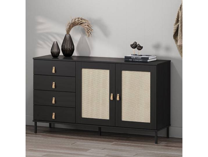 Sideboard 140x80cm 'Seattle' Kiefer massiv schwarz 4SK & 2 Türen