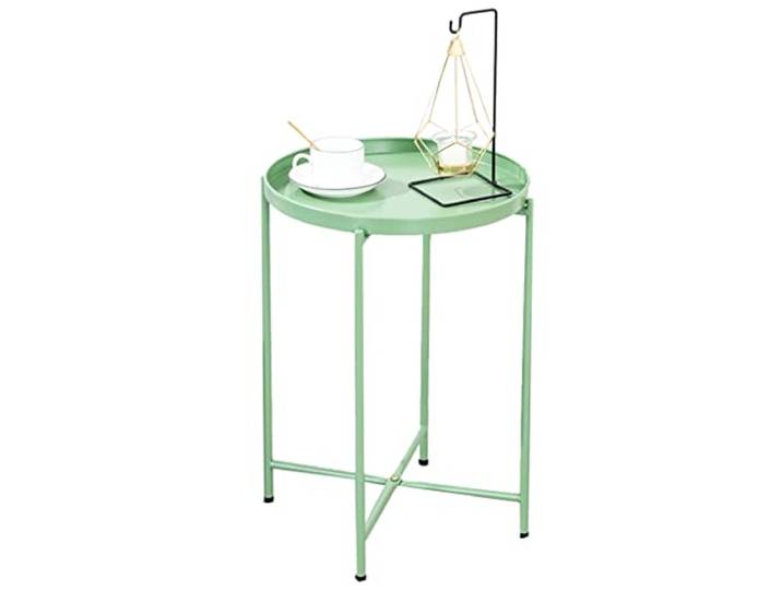 OIFAODAO Runde Tische， Runder Beistelltisch mit goldenem abnehmbarem Metalltablett(Green)