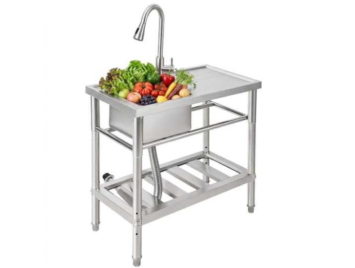 Garvee Freistehende Edelstahl Spültisch 1 Becken 76 x 41 x 76 cm mit Abtropffläche und herausziehbarem Wasserhahn, Gewerbliche Küchenspüle Gastro Spülbecken, für Küche, Restaurant, Bar