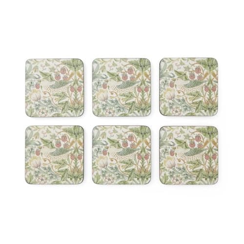 Pimpernel Strawberry Thief Onderzetters - Set van 6 - Groen - 10,5 x 10,5 cm