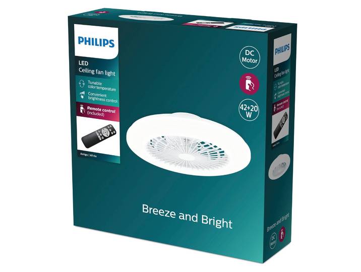 Philips LED-Deckenventilator Amigo, weiß glänzend, 49cm, CCT dimmbar, weiß / opal, für Wohn- / Esszimmer, Kunststoff, Modern