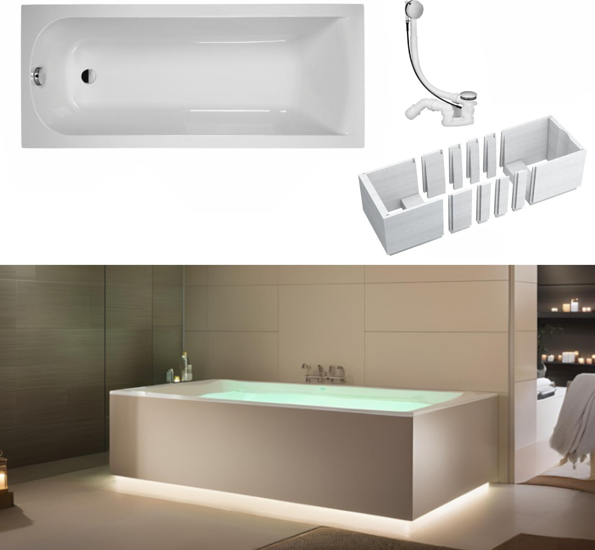 VBChome Badewanne 140 x 70 cm Weiß Acryl Platz für LED-Beleuchtung Styroporträger Wannenträger Siphon Wanne Rechteck Modern Ablaufgarnitur in Chrom