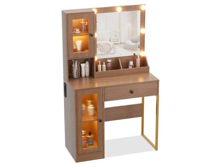 GarveeHome Schminktisch mit Spiegel und Beleuchtung Eleganter Schminktisch mit Schubladen & Schränken, Stauraum, robuster MDF, dimmbaren Leuchten, Steckdosen & USB-Anschlüssen