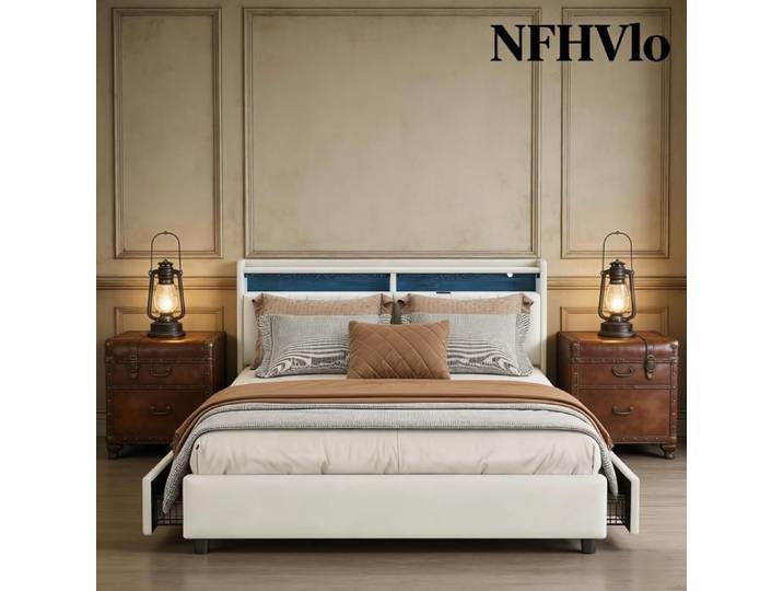 NFHVlo Lit double rembourré 160 x 200 cm cadre de lit avec 4 tiroirs de rangement tête de lit en bois avec port de chargement USB