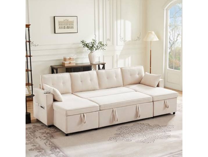 Merax Sofa Ecksofa mit Schlaffunktion, Schlafsofa mit Bettkasten und extra großem Stauraum, U-Form - Couch für Wohnzimmer/Schlafzimmer, Big Sofa, Beige