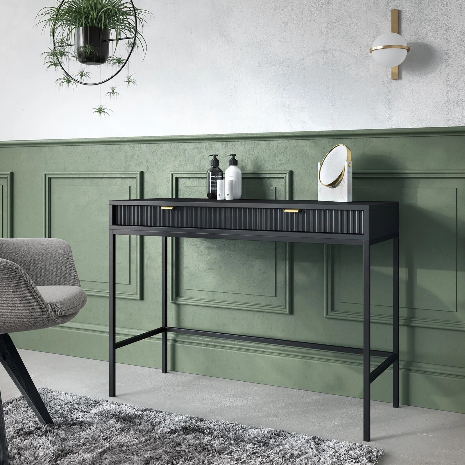 garneroarredamenti Scrivania 104x77cm cannettata consolle ingresso 2 cassetti nero Alisa