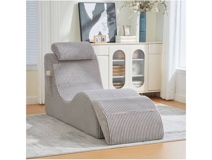 Fauteuil relax design contemporain avec appui-tete et poche laterale coussin amovible corduroy gris clair - UVRION