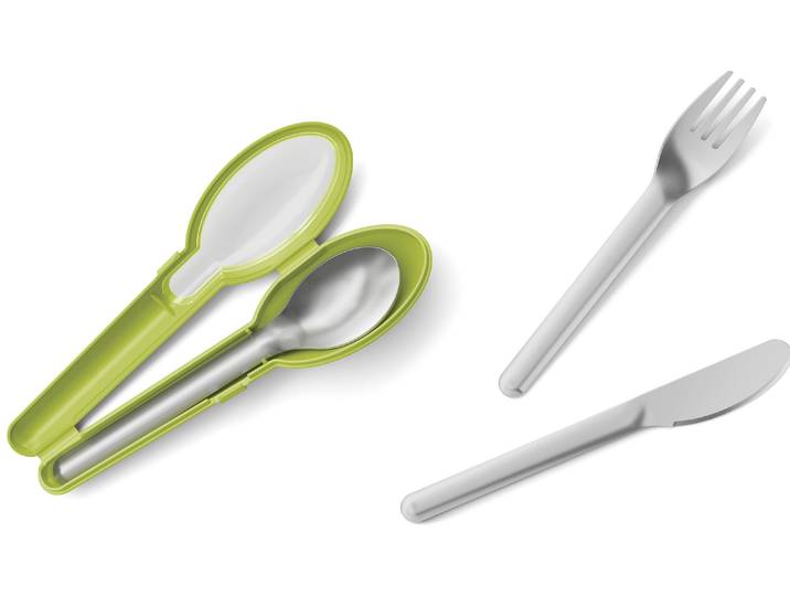 Besteck-Set EMSA to go Clip & Go 3-teilig, Grün/Silber , grün (grün, silberfarben), 3 Stk., Edelstahl 18/10, Essbesteck-Sets, Besteck-Set