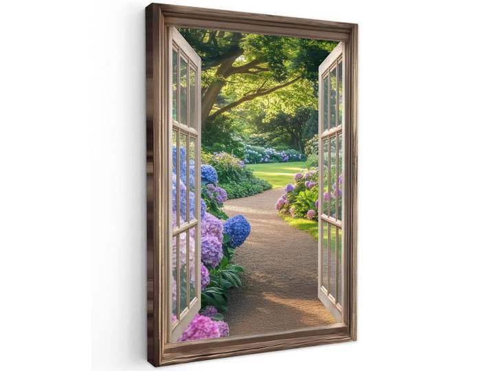 MuchoWow Leinwandbild - Aussicht - Garten - Fenster - Hortensie - Blumen - 80x120 - Wanddeko, Pastellblau, Textil, Kiefer, Abstrakt, Rechteckig, 80x120 cm, gerahmt, Bilder & Rahmen, Bilder, Wandbilder