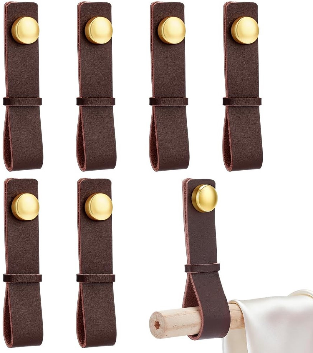 Solidchoice Gordijnroedehouder 6 stuks - Echt leer - Bruin - Wandmontage