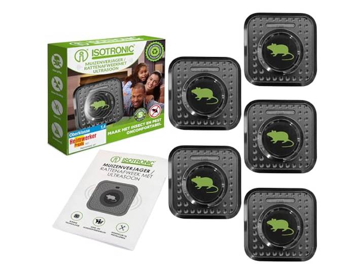 ISOTRONIC Ultrasone Muizenverjager – Voor muizen & ratten binnenshuis – Inclusief nachtlampje – Zonder gif of muizenval – Effectief bereik 30 m² – 5 stuks