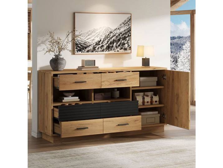 MEUBLIV Buffet bas 140 x 35 x 70 cm en MDF 6 tiroirs 1 porte décor chêne et noir