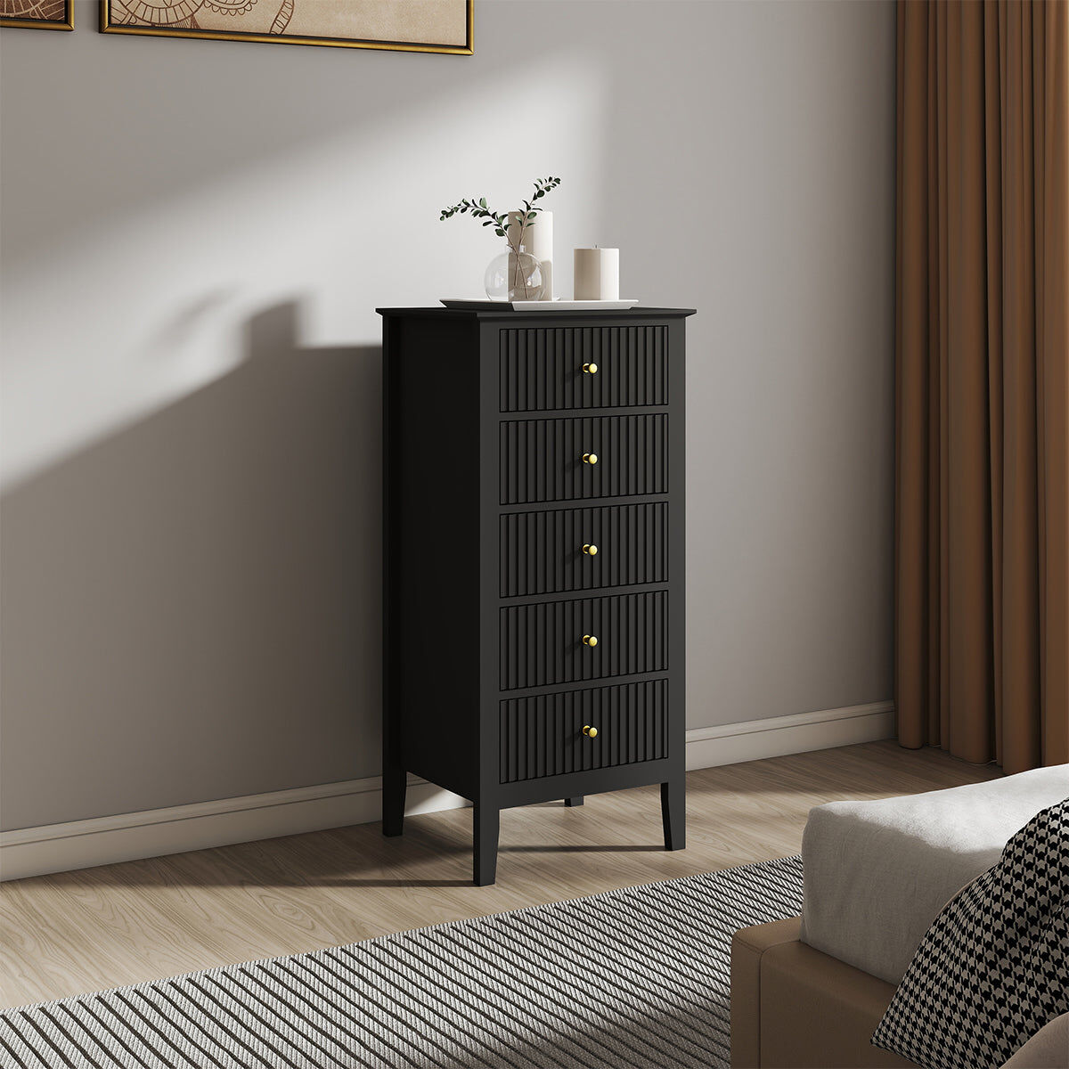 Tall 5 Drawer Bedside Table - Hales Black Range Manufactured Wood, Metal
