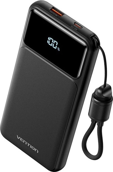 Vention 10 000 mAh Power Bank (USB-C + USB-A) with Built-in Cable 22,5 W Black LED Display Type
