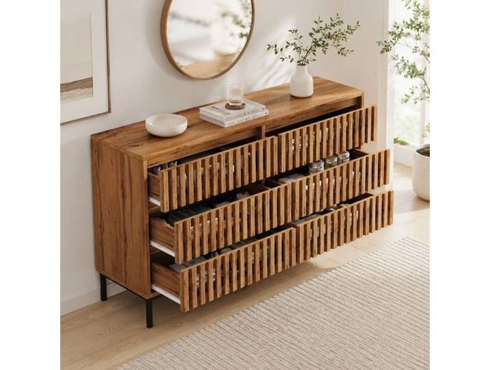 Buffet Bas Commode 6 Tiroirs Meuble de Rangement Aspect Bois Naturel Salon Chambre Entrée Cuisine 120x40x81cm